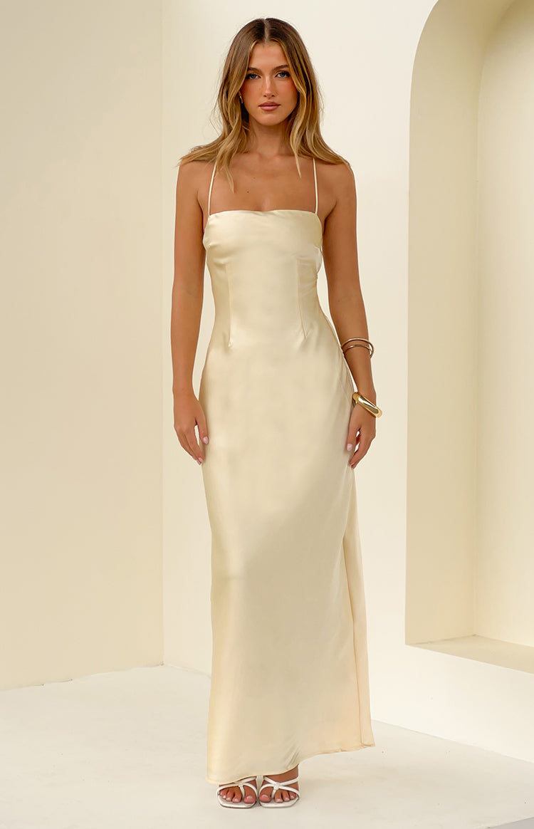 Astlee Yellow Satin Formal Maxi Dress — 1