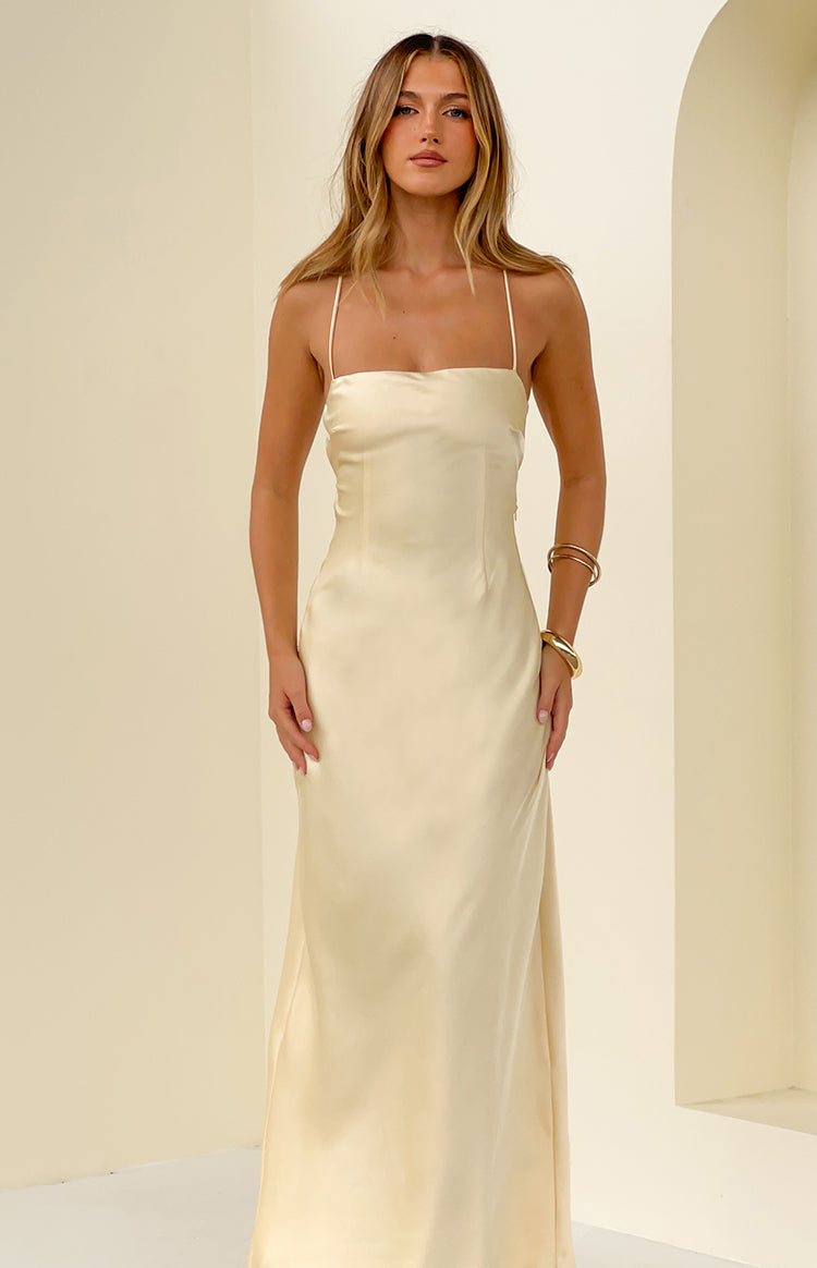 Astlee Yellow Satin Formal Maxi Dress — 3