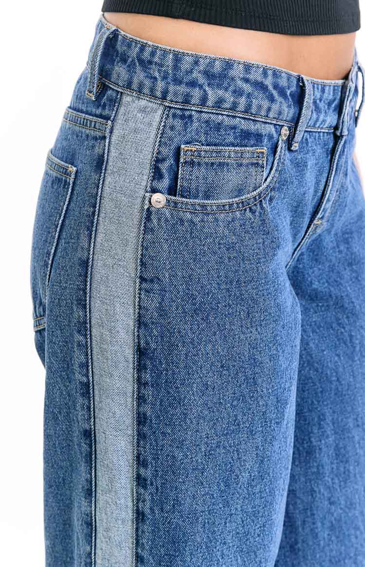 Roonie Contrast Stripe Mid Wash Denim Low Rise Jeans — 9