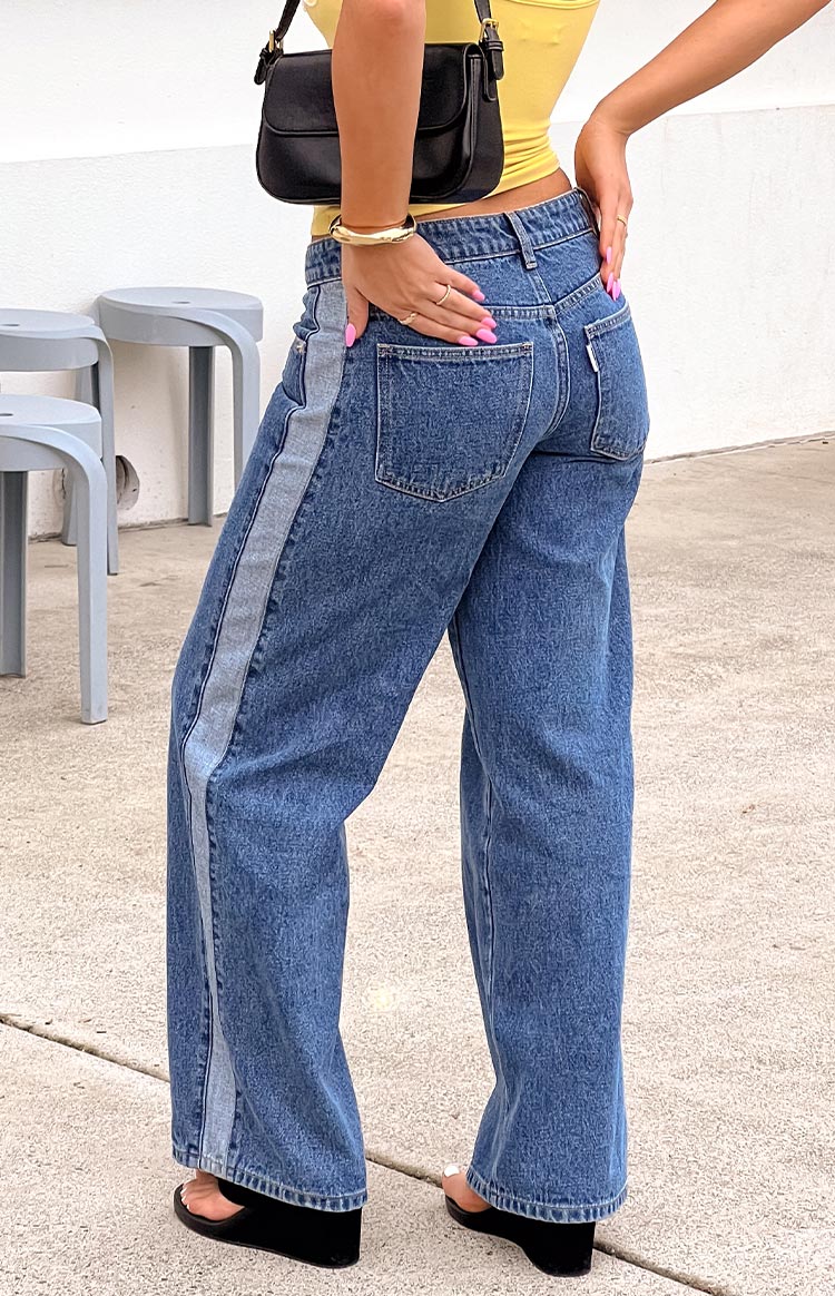 Roonie Contrast Stripe Mid Wash Denim Low Rise Jeans — 10