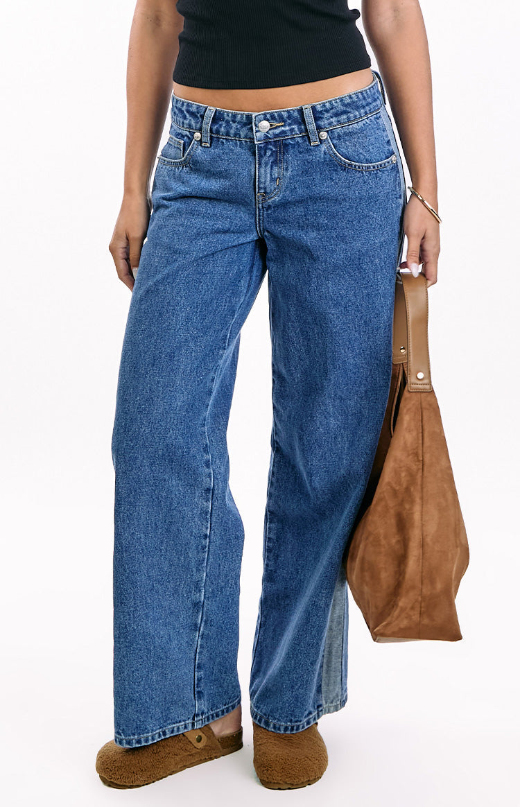 Roonie Contrast Stripe Mid Wash Denim Low Rise Jeans — 4