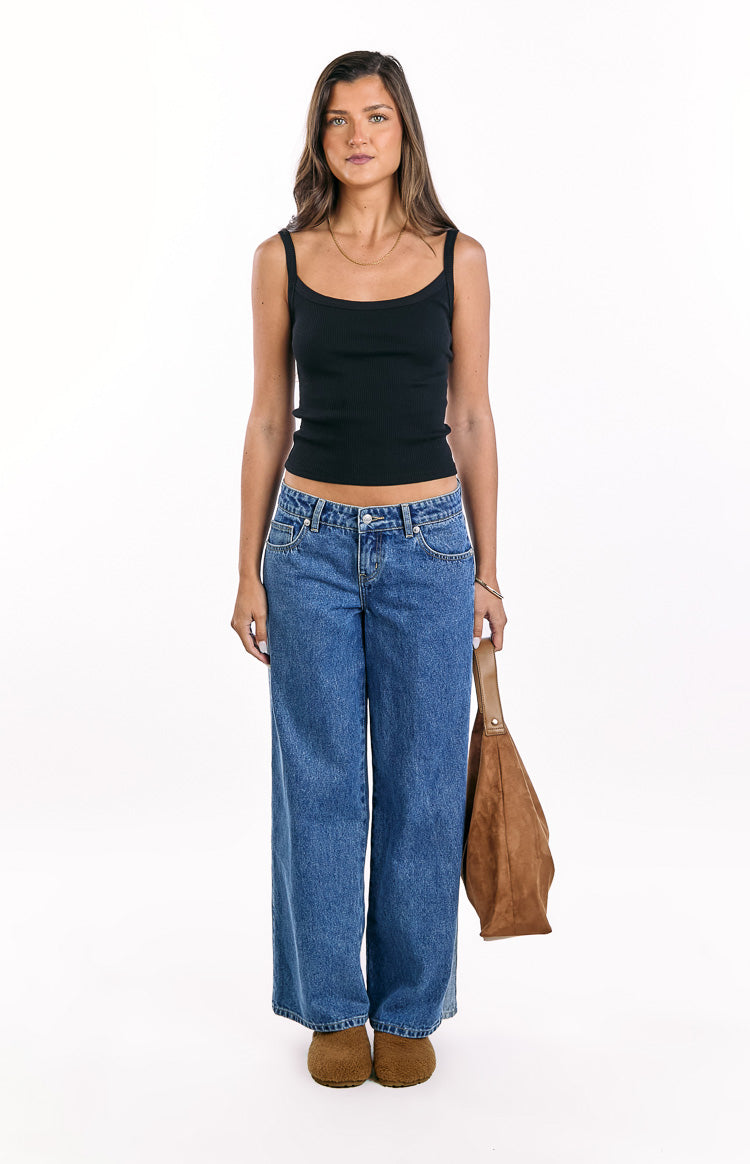 Roonie Contrast Stripe Mid Wash Denim Low Rise Jeans — 6