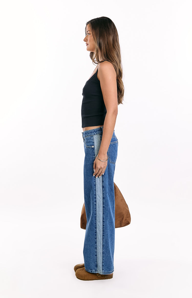 Roonie Contrast Stripe Mid Wash Denim Low Rise Jeans — 7