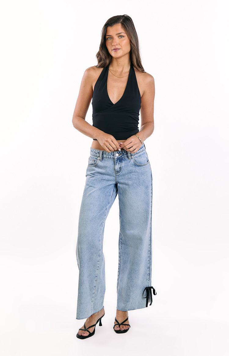 Willabelle Light Wash Denim Bow Hem Low Rise Jeans — 1