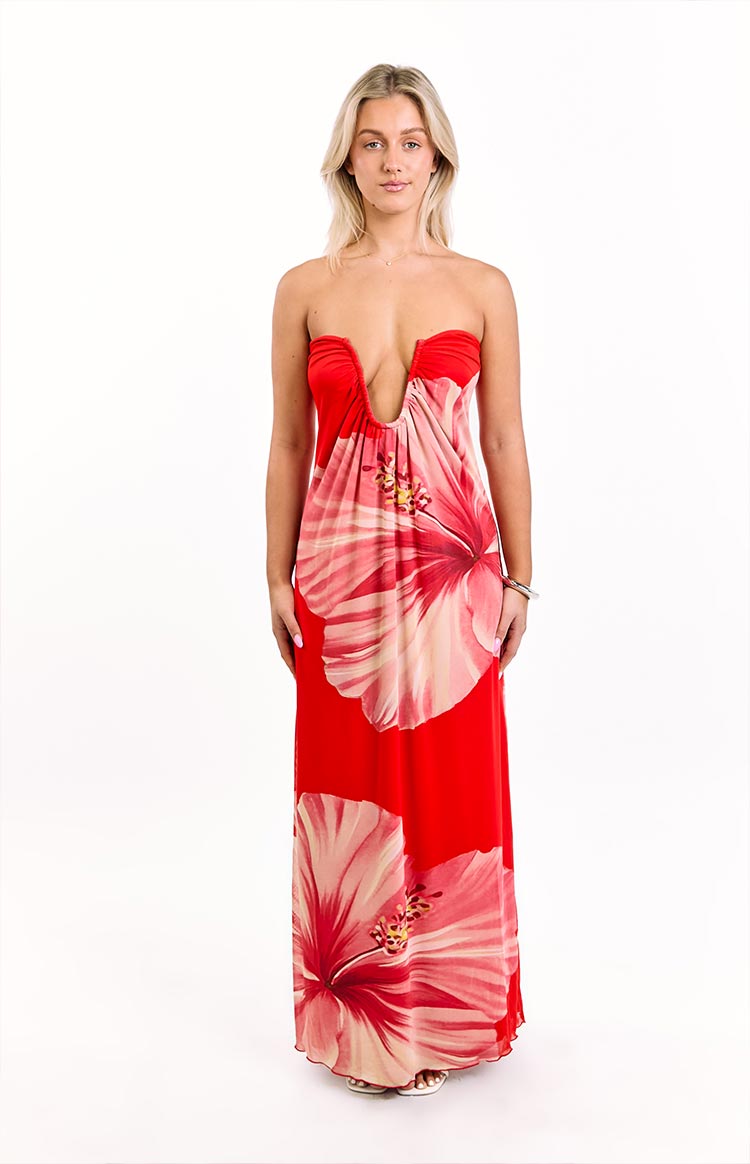 Braelyn Orange Hibiscus Print Strapless Maxi Dress — 1