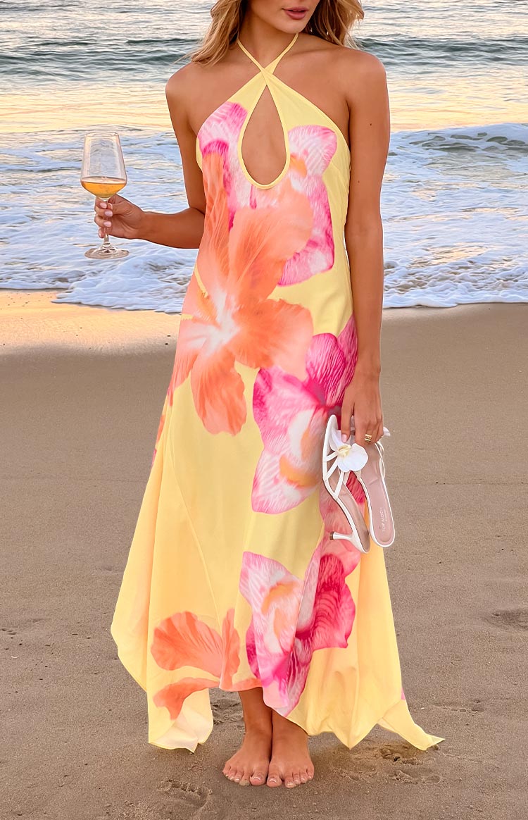 Elowen Yellow Hibiscus Floral Halter Maxi Dress — 8