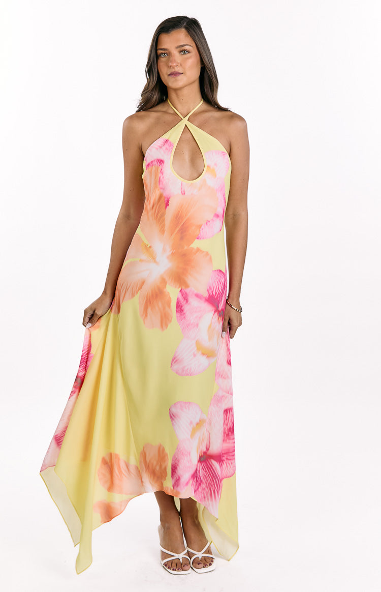 Elowen Yellow Hibiscus Floral Halter Maxi Dress — 2