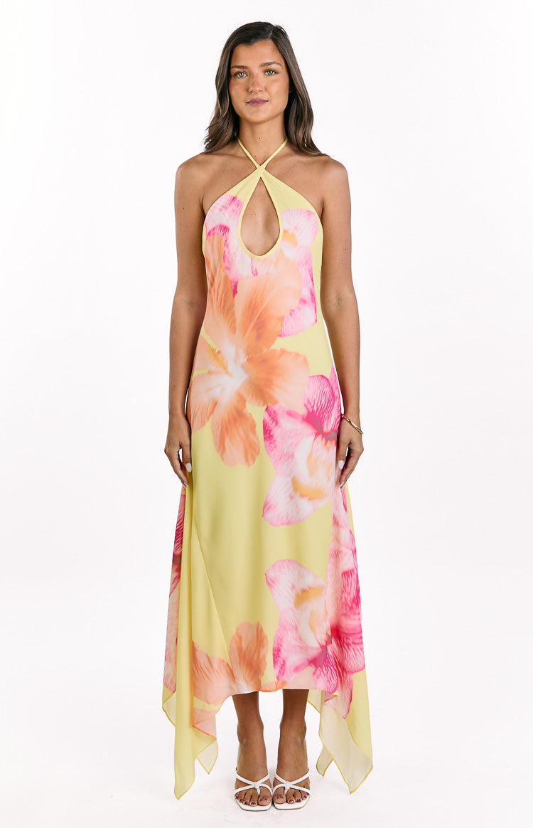 Elowen Yellow Hibiscus Floral Halter Maxi Dress — 3