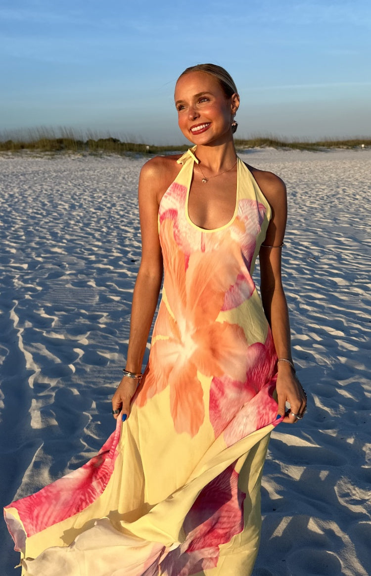 Elowen Yellow Hibiscus Floral Halter Maxi Dress — 19