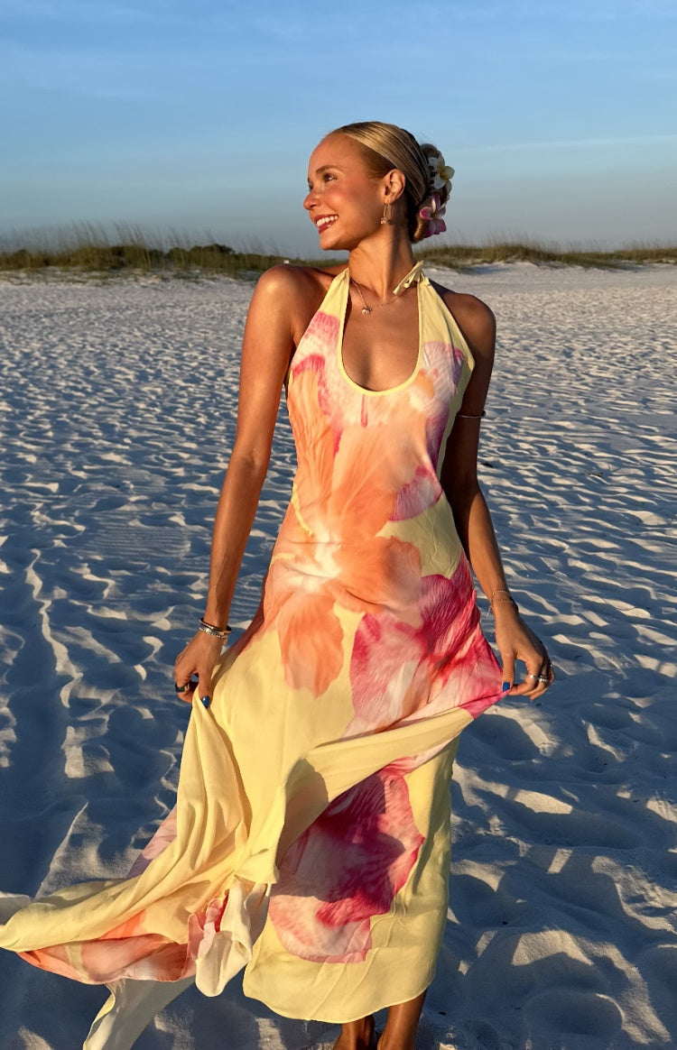 Elowen Yellow Hibiscus Floral Halter Maxi Dress — 20