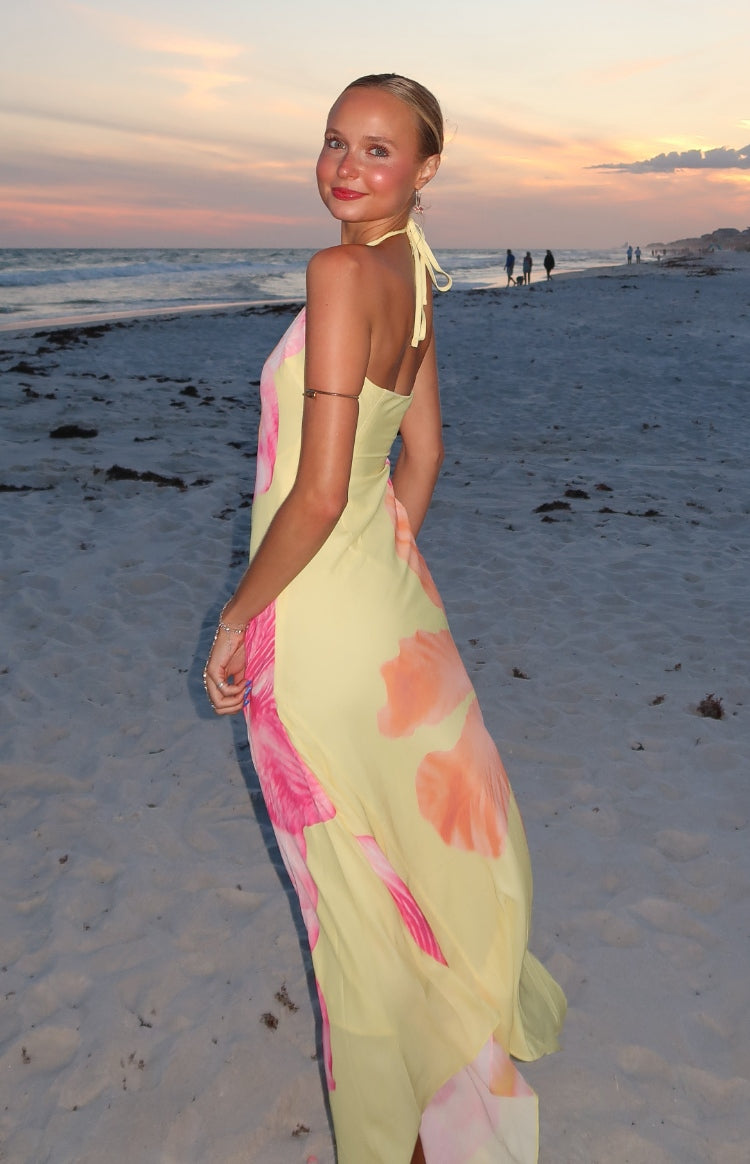 Elowen Yellow Hibiscus Floral Halter Maxi Dress — 24