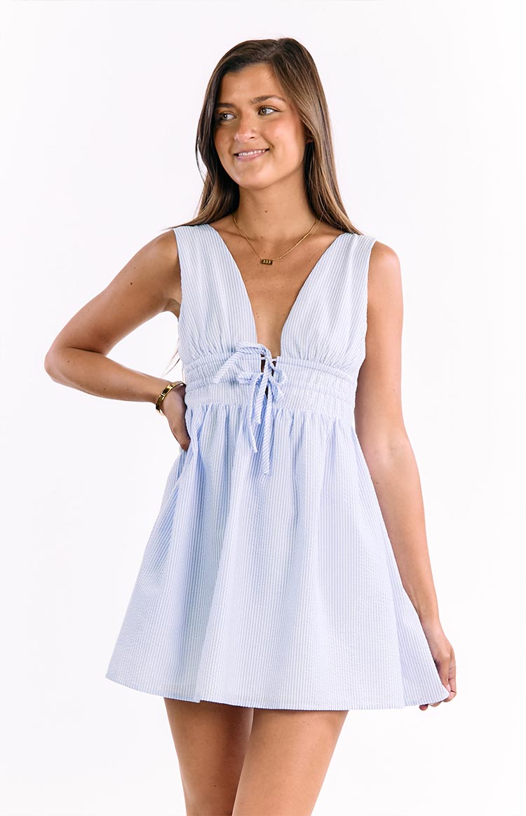 Saffron Blue Stripe Tie Mini Dress — 2