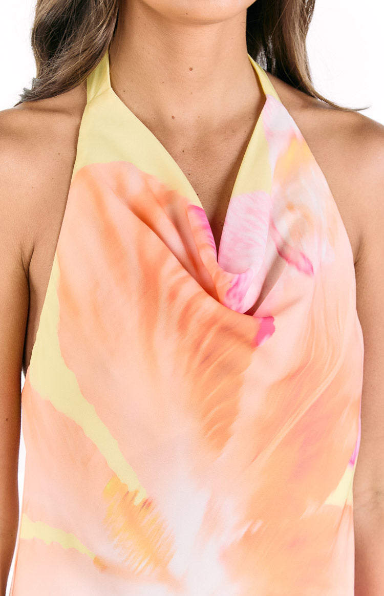 Zyla Yellow Hibiscus Floral Print Cowl Mini Dress — 6