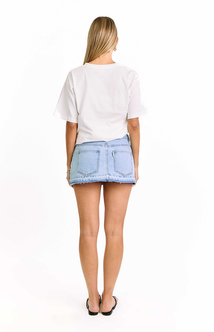 Emmy Light Wash Denim Distressed Mini Skirt — 5