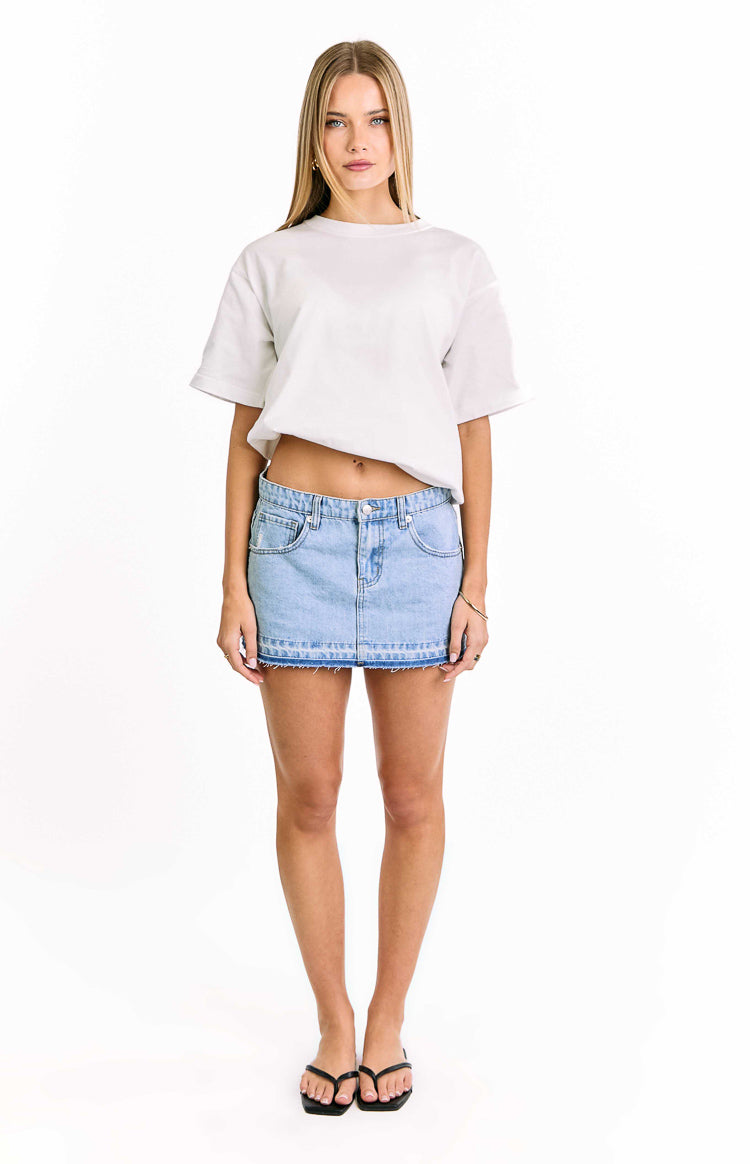 Emmy Light Wash Denim Distressed Mini Skirt — 7