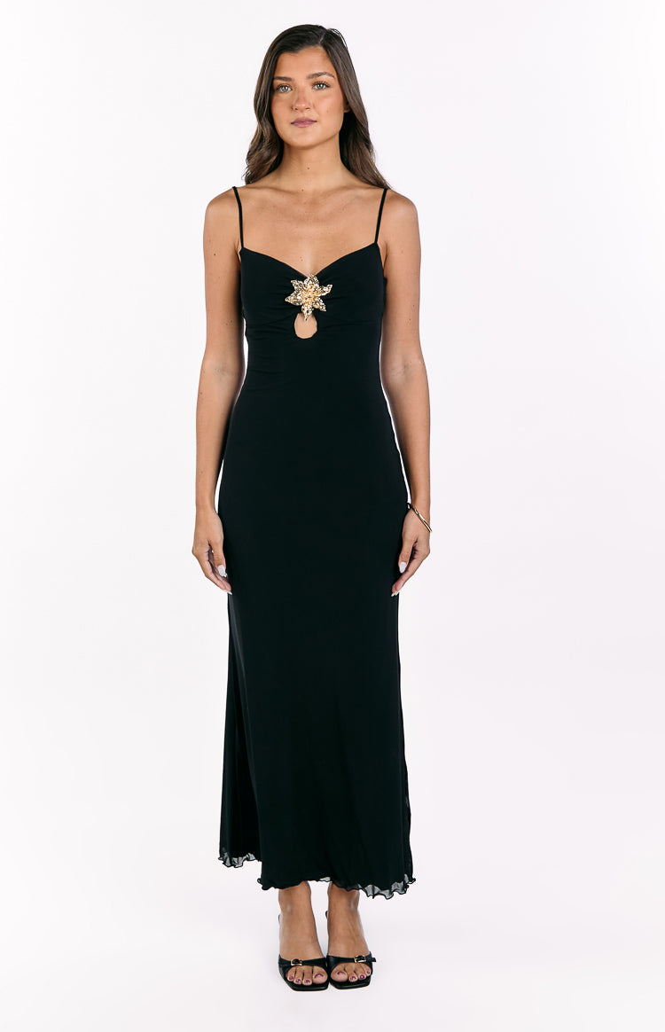 Selina Black Hibiscus Trim Maxi Dress — 3