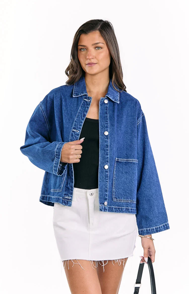 Mixie Mid Wash Denim Contrast Stitch Denim Jacket — 1