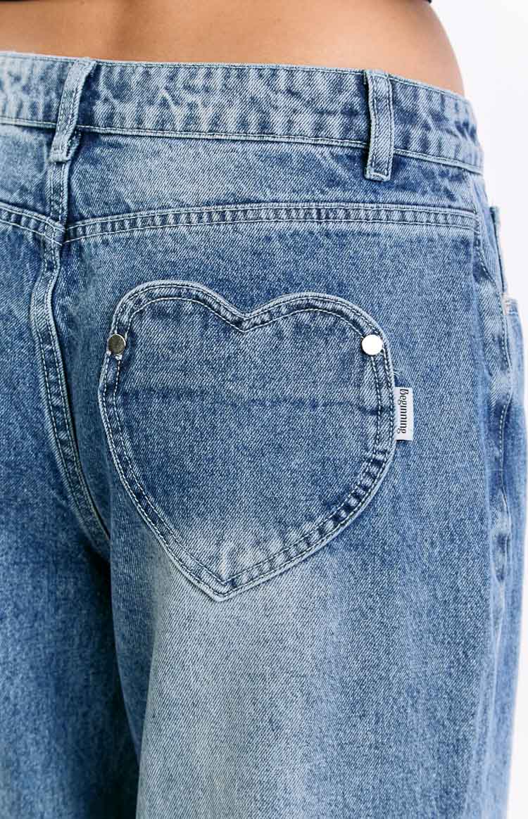 Lovers Lane Mid Wash Denim Heart Pocket Slouchy Jeans — 2