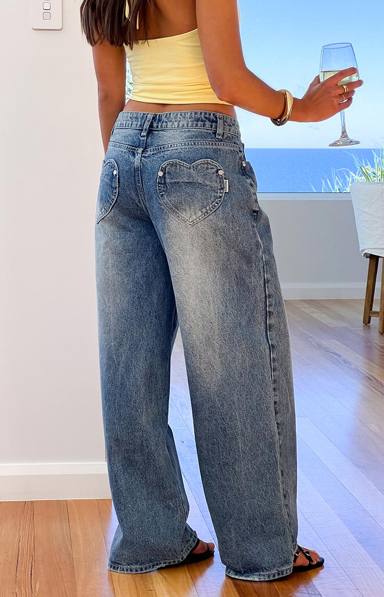 Lovers Lane Mid Wash Denim Heart Pocket Slouchy Jeans — 5