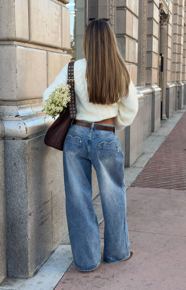 Lovers Lane Mid Wash Denim Heart Pocket Slouchy Jeans — 10