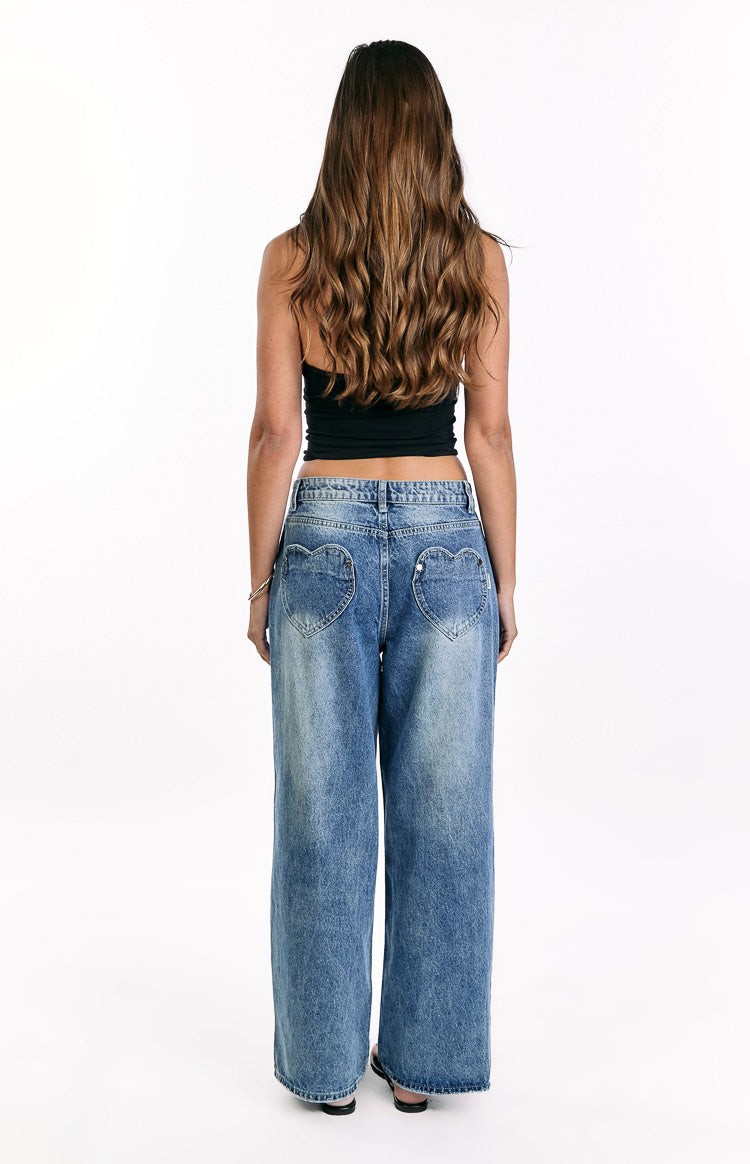 Lovers Lane Mid Wash Denim Heart Pocket Slouchy Jeans — 13