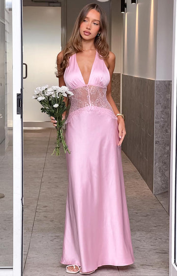 Divandi Pink Lace Halter Neck Formal Maxi Dress — 1