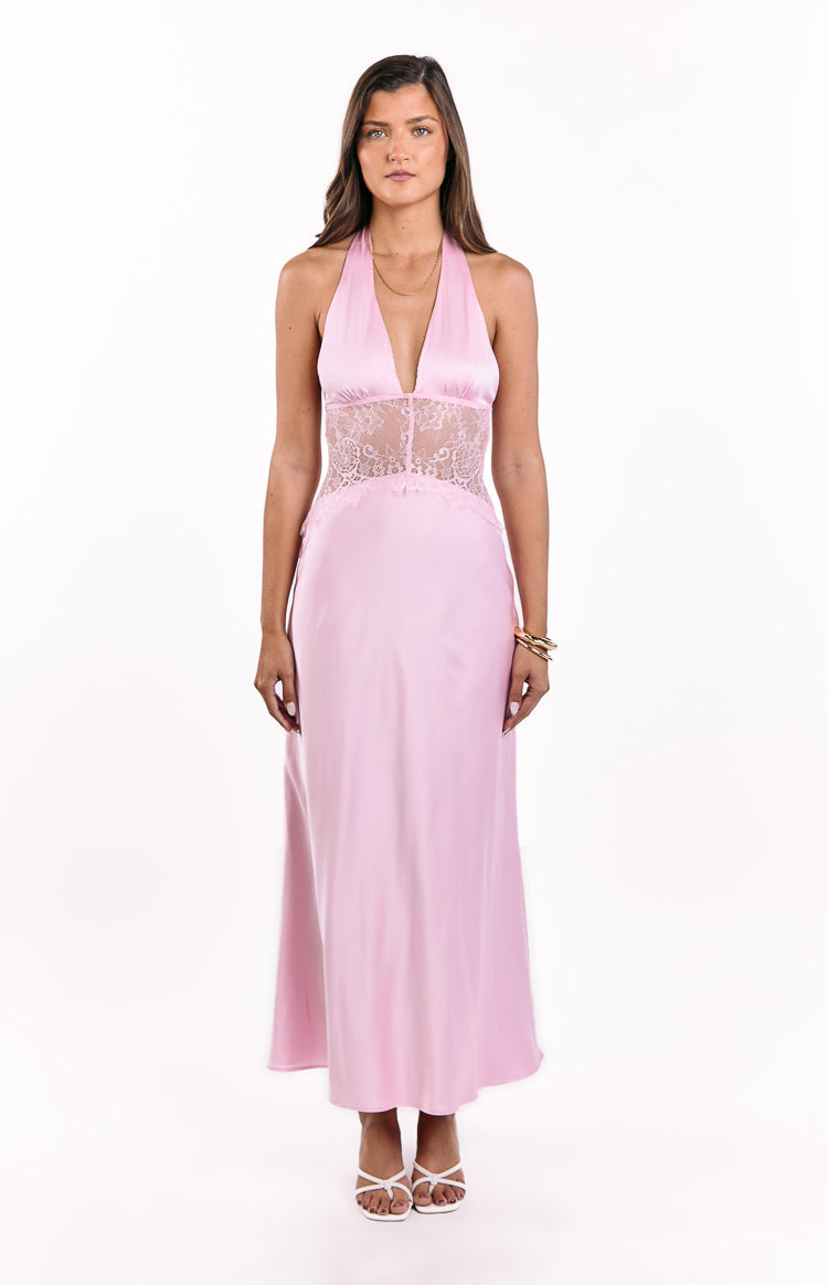 Divandi Pink Lace Halter Neck Formal Maxi Dress — 3