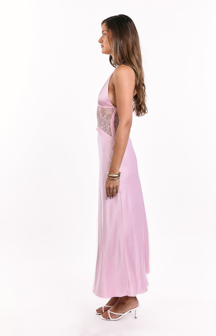 Divandi Pink Lace Halter Neck Formal Maxi Dress — 4