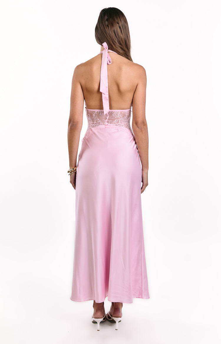 Divandi Pink Lace Halter Neck Formal Maxi Dress — 5