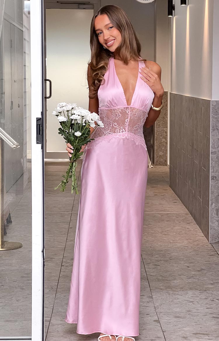 Divandi Pink Lace Halter Neck Formal Maxi Dress — 7