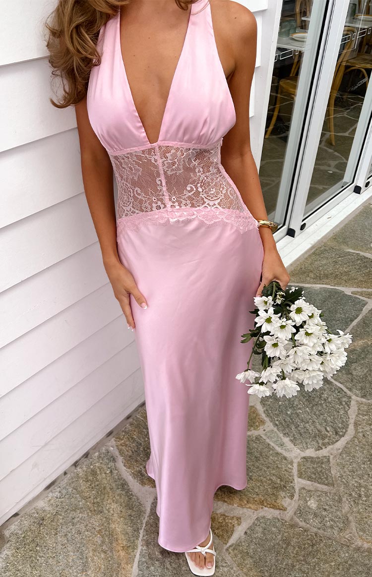 Divandi Pink Lace Halter Neck Formal Maxi Dress — 8