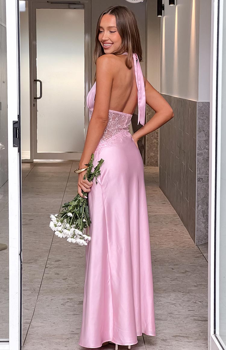 Divandi Pink Lace Halter Neck Formal Maxi Dress — 9