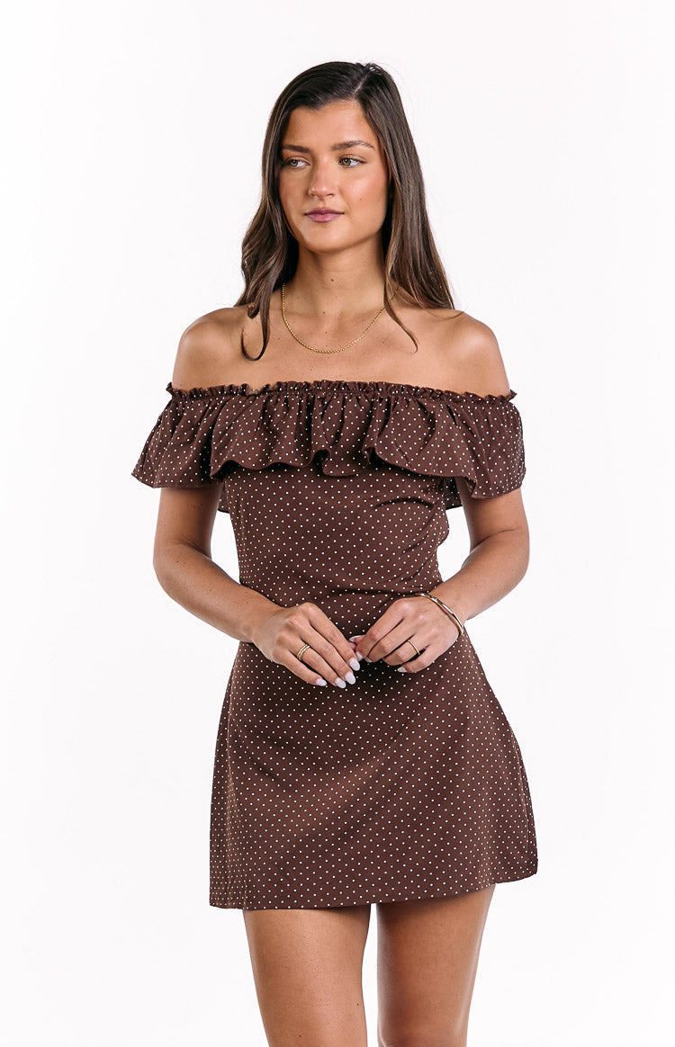Haylie Brown Polka Dot Off Shoulder Mini Dress — 1