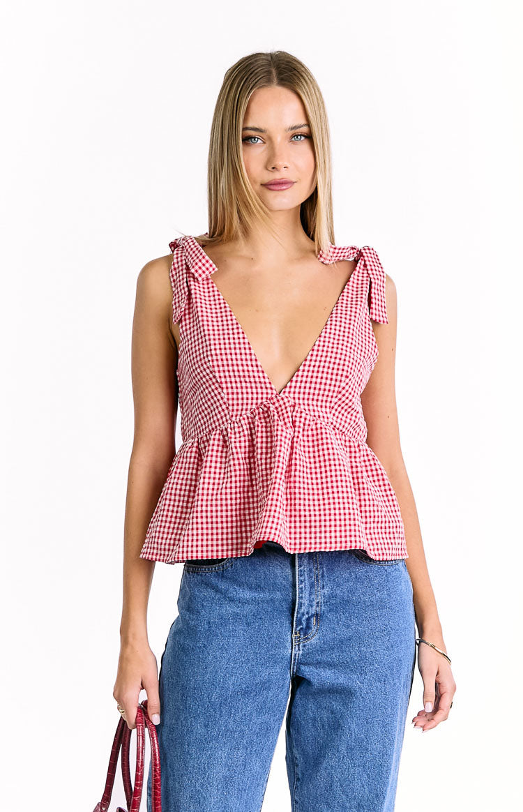 Angelica Red Gingham Tie Top — 1