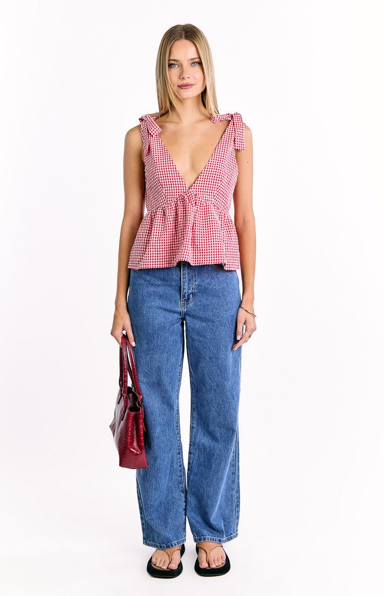 Angelica Red Gingham Tie Top — 6