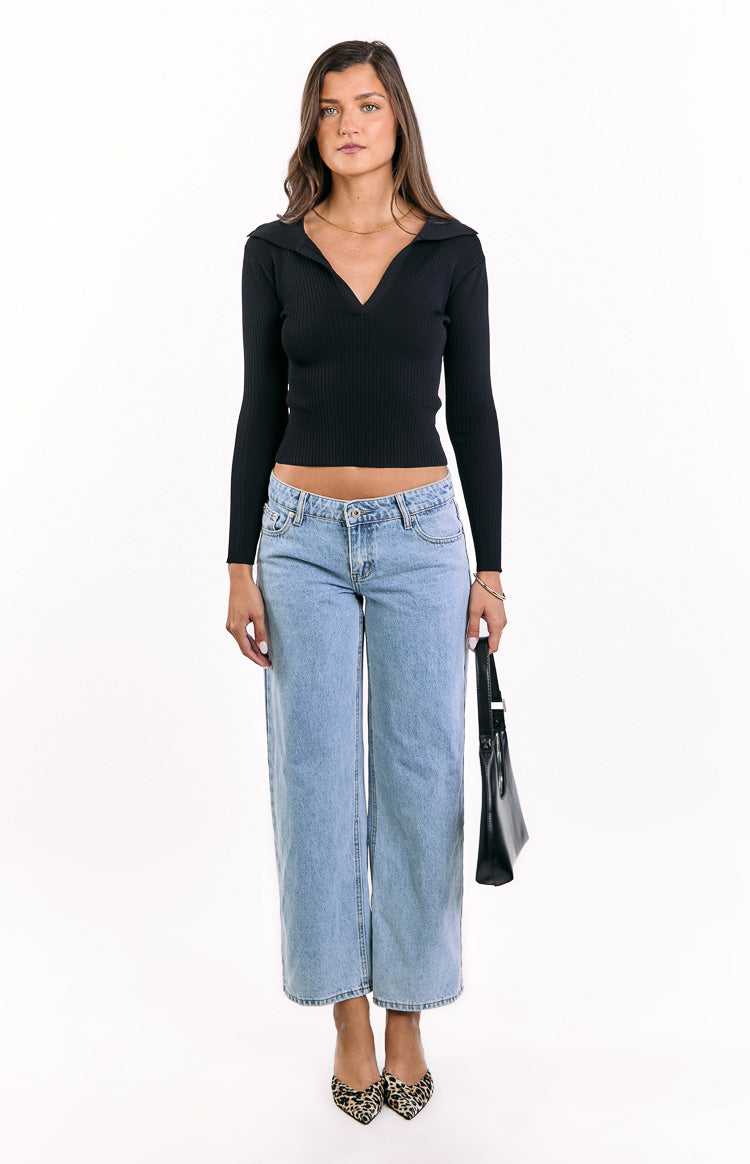 Nina Black Ribbed Knit Long Sleeve Sweater — 5