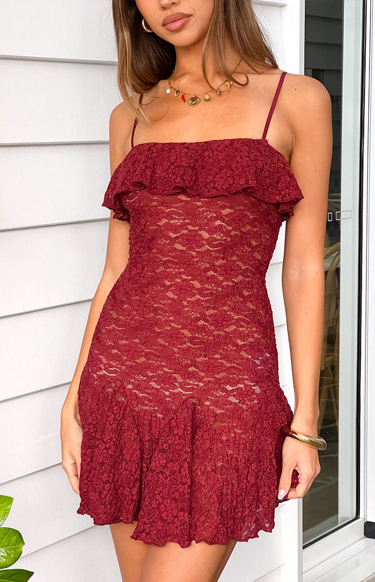 Celeste Wine Lace Party Mini Dress — 1