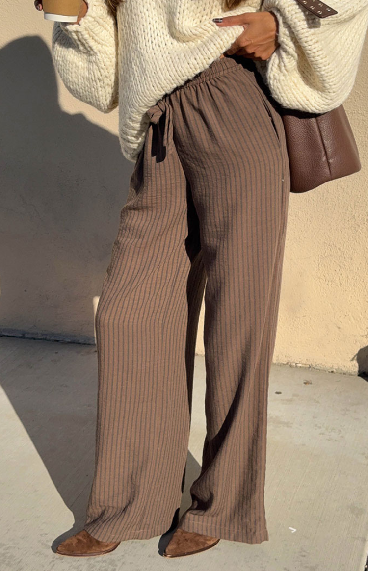 Avandi Brown Stripe Drawstring Waistband Pants — 1