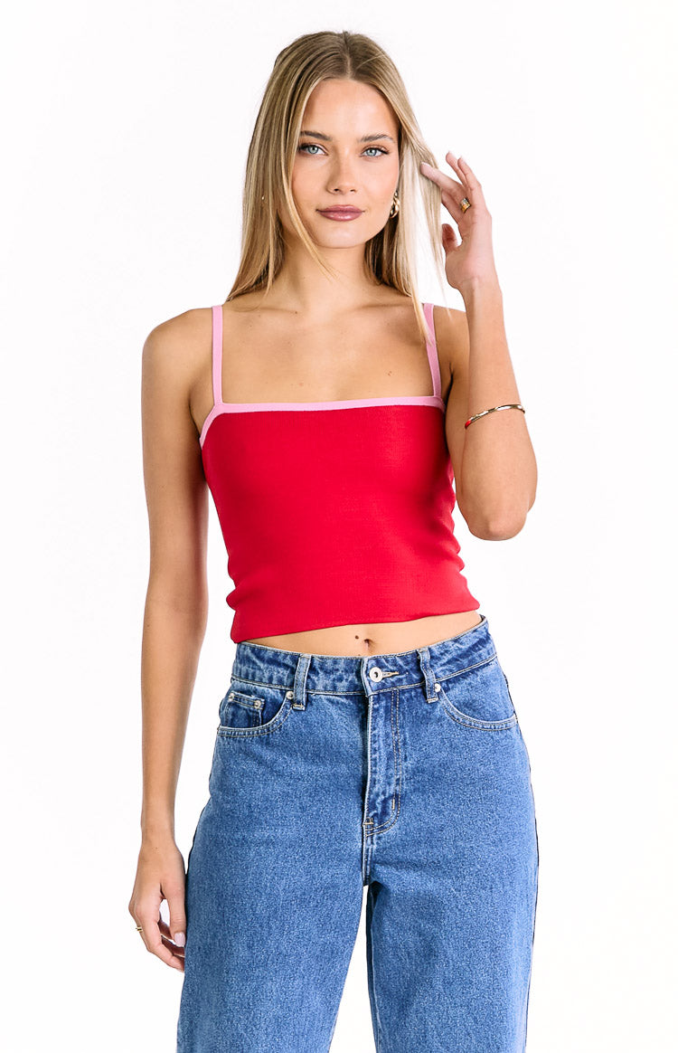 Florrie Red Pink Contrast Knit Top — 1