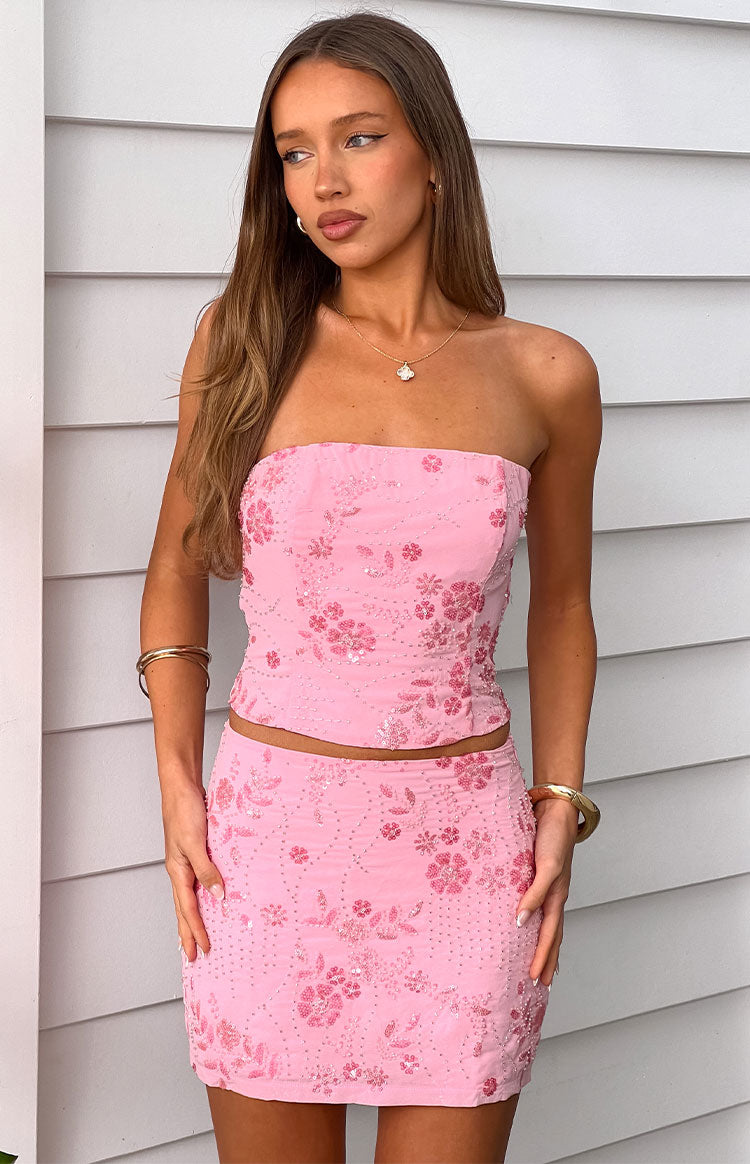 Eivissa Light Pink Beaded Mini Skirt — 2