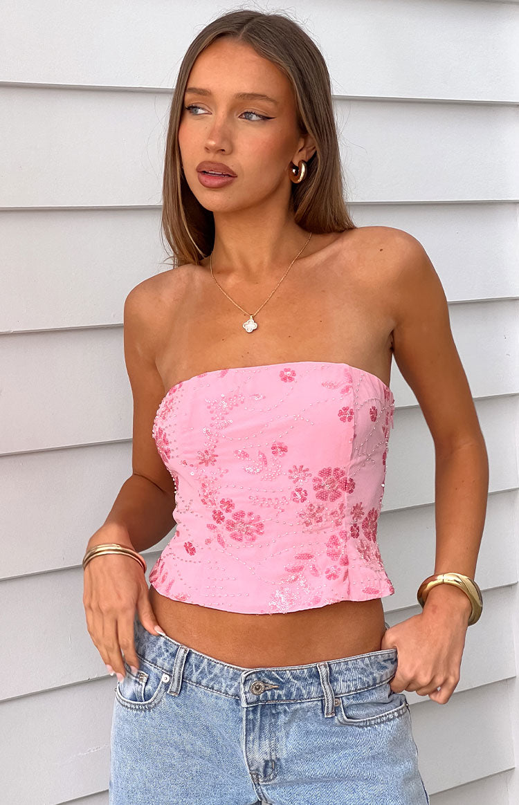 Vila Light Pink Strapless Beaded Top — 1