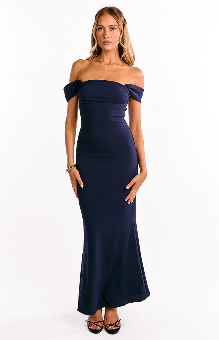 Ella Navy Off Shoulder Crepe Formal Maxi Dress — 1