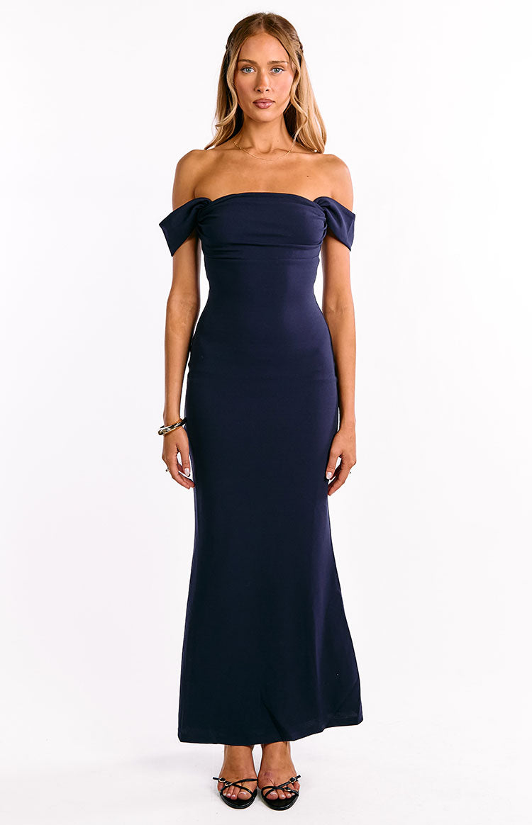 Ella Navy Off Shoulder Crepe Formal Maxi Dress — 5