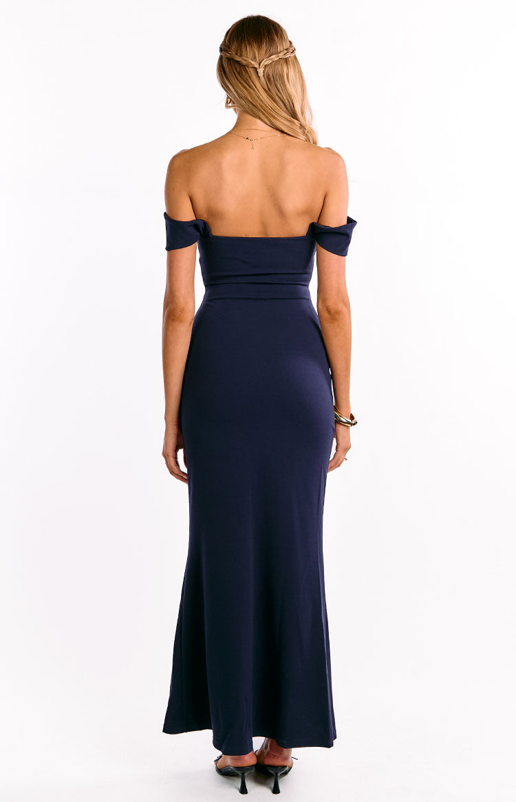 Ella Navy Off Shoulder Crepe Formal Maxi Dress — 7