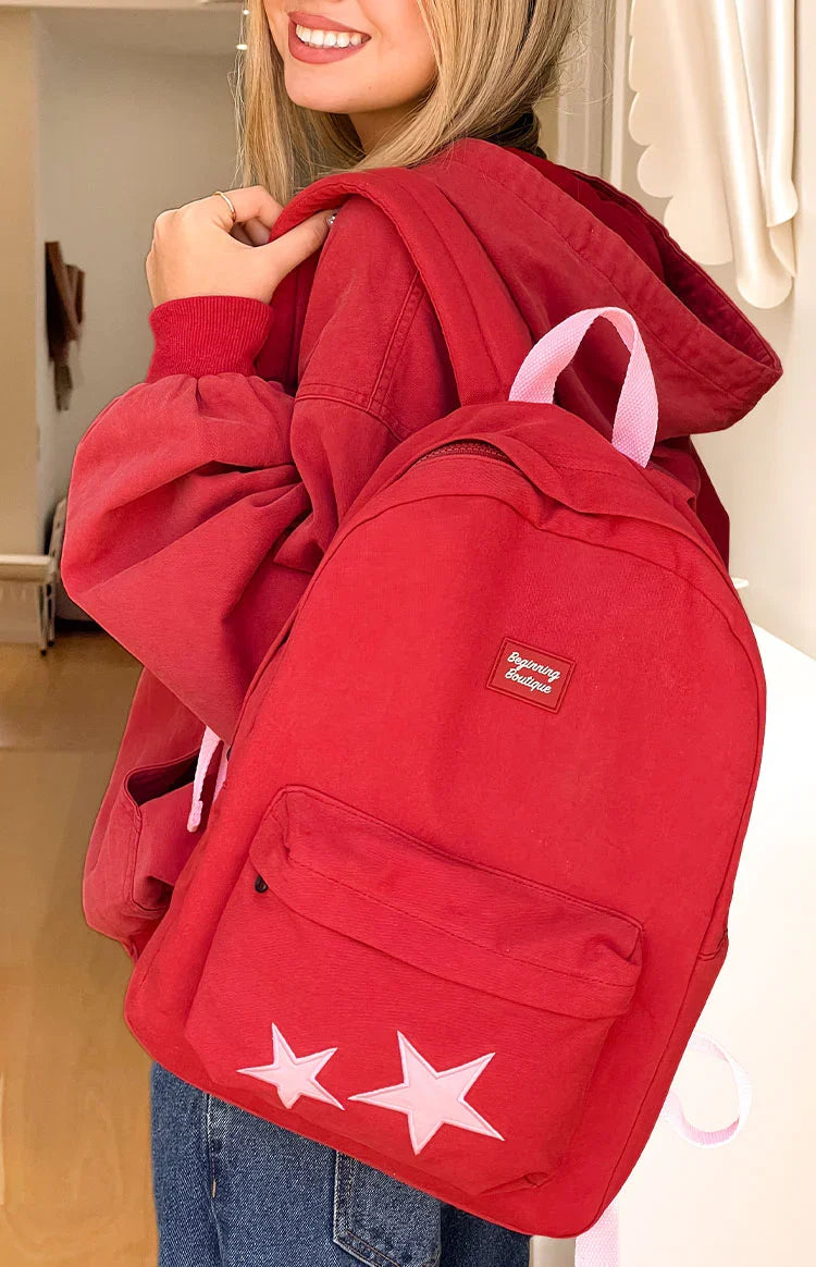 Pink Star Burgundy Backpack — 1