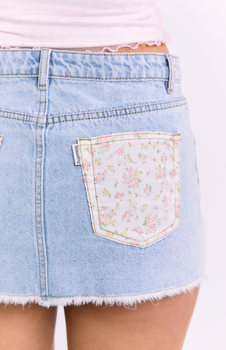 Found Love Floral Light Wash Denim Skirt — 12