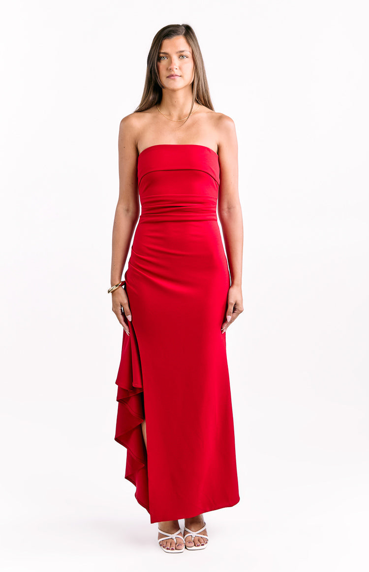 Merlo Red Crepe Strapless Formal Maxi Dress — 1