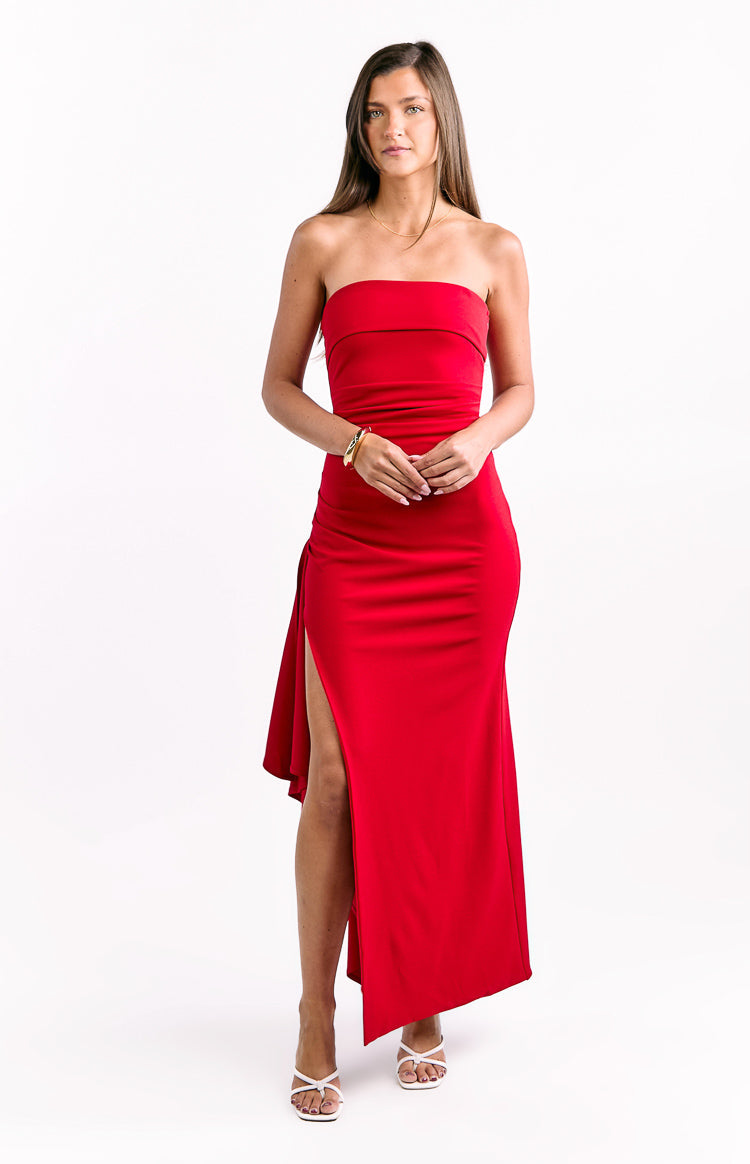 Merlo Red Crepe Strapless Formal Maxi Dress — 3