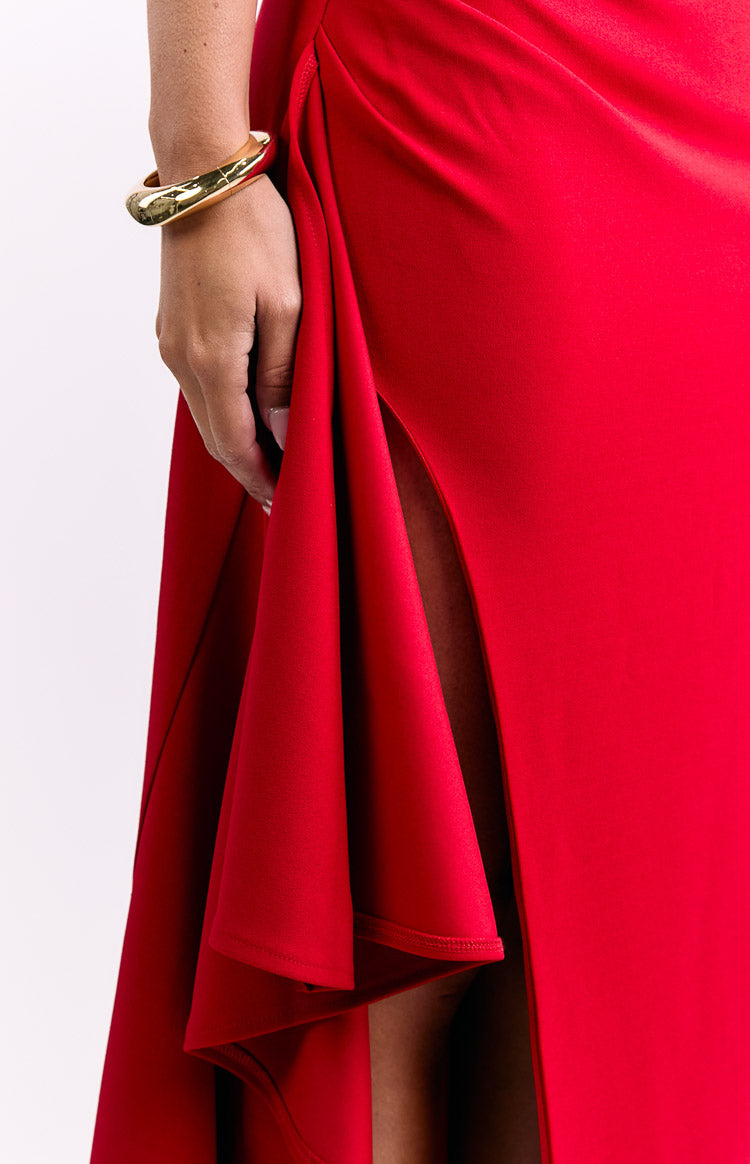 Merlo Red Crepe Strapless Formal Maxi Dress — 6