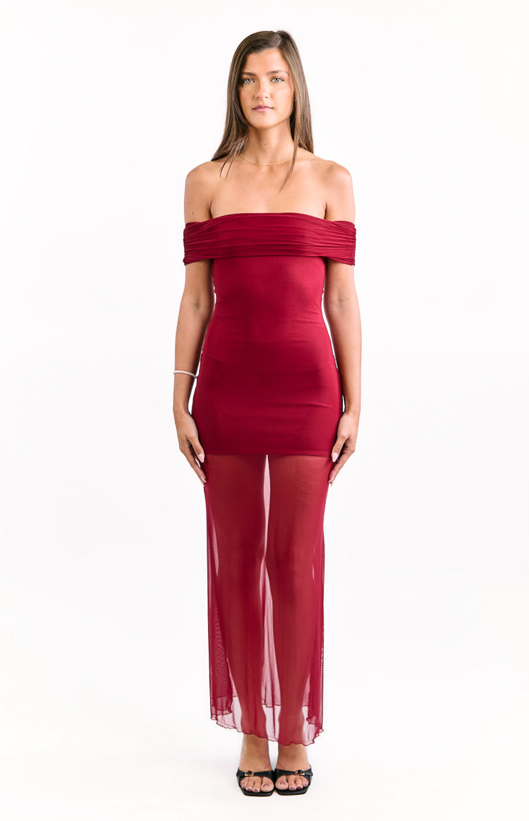 Tabitha Wine Off Shoulder Mesh Maxi Dress — 2